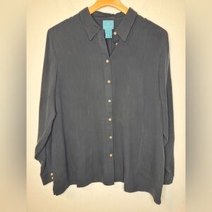 VINTAGE August Silk Black Long Sleeve Button Down Shirt Sz 16
